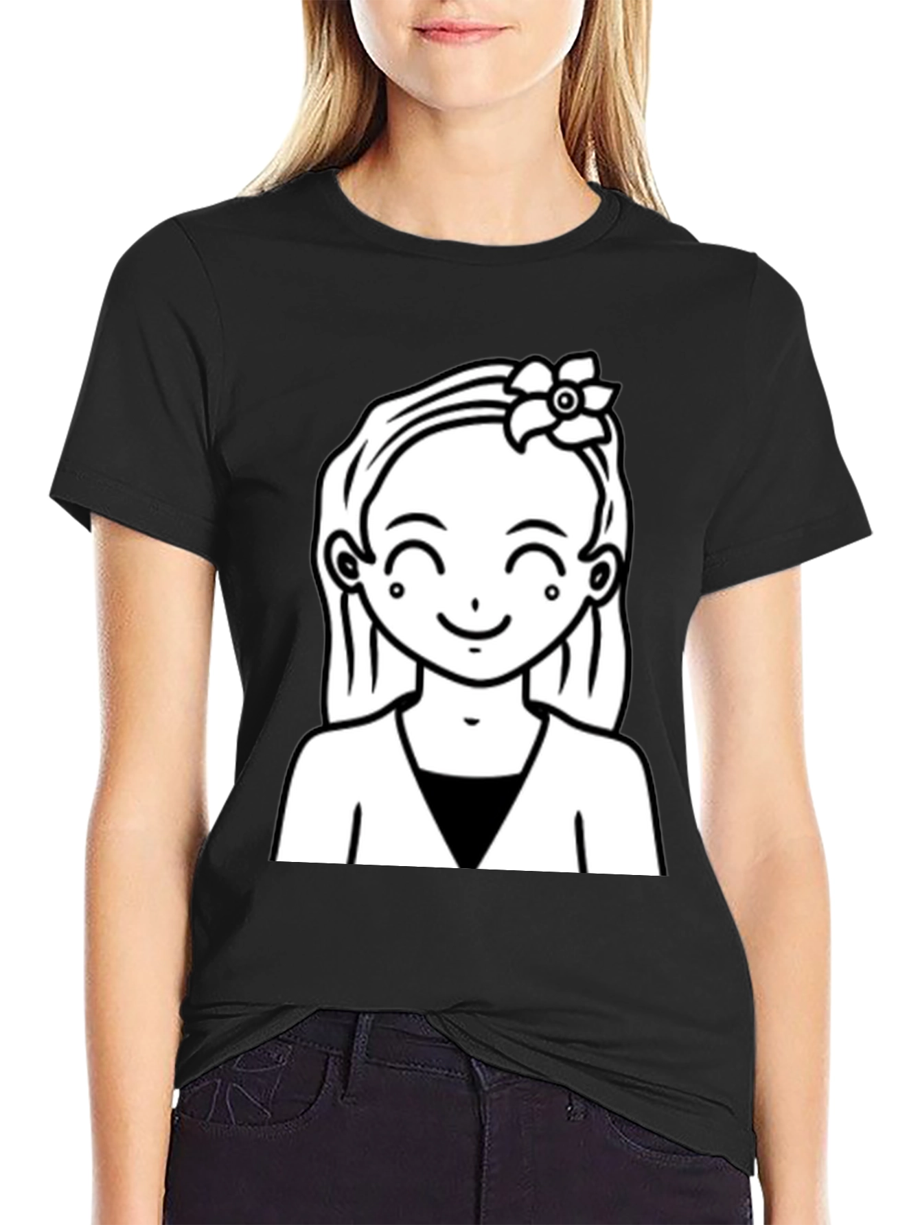 Cute Girl Graphic Tee - Black Cotton Casual Wear