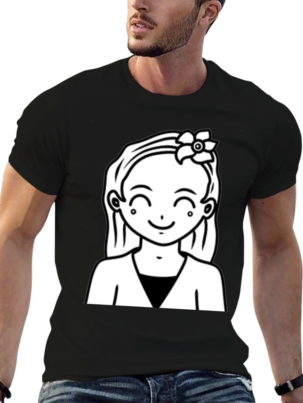 Cute Girl Graphic Tee - Black Cotton Casual Wear