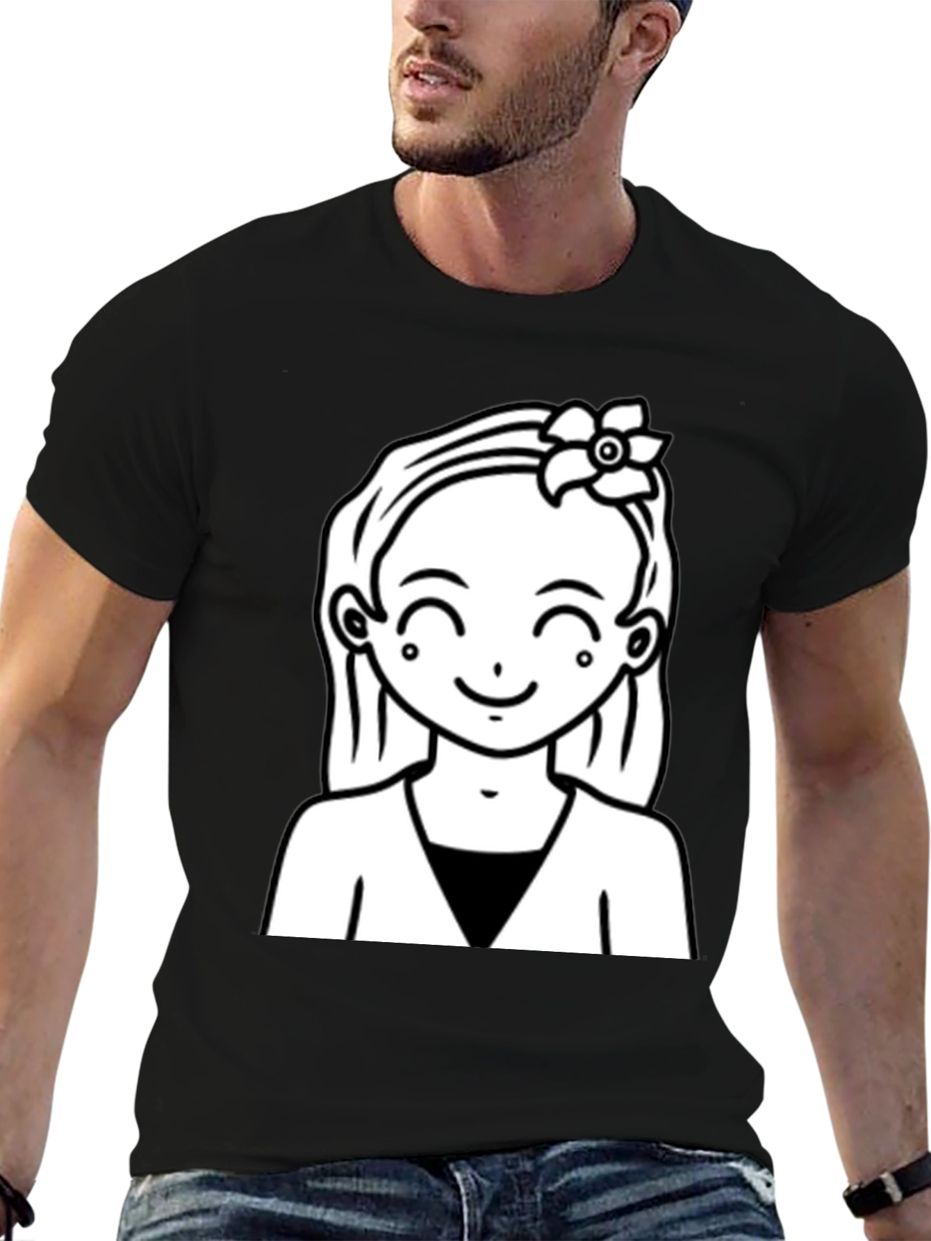 Cute Girl Graphic Tee - Black Cotton Casual Wear