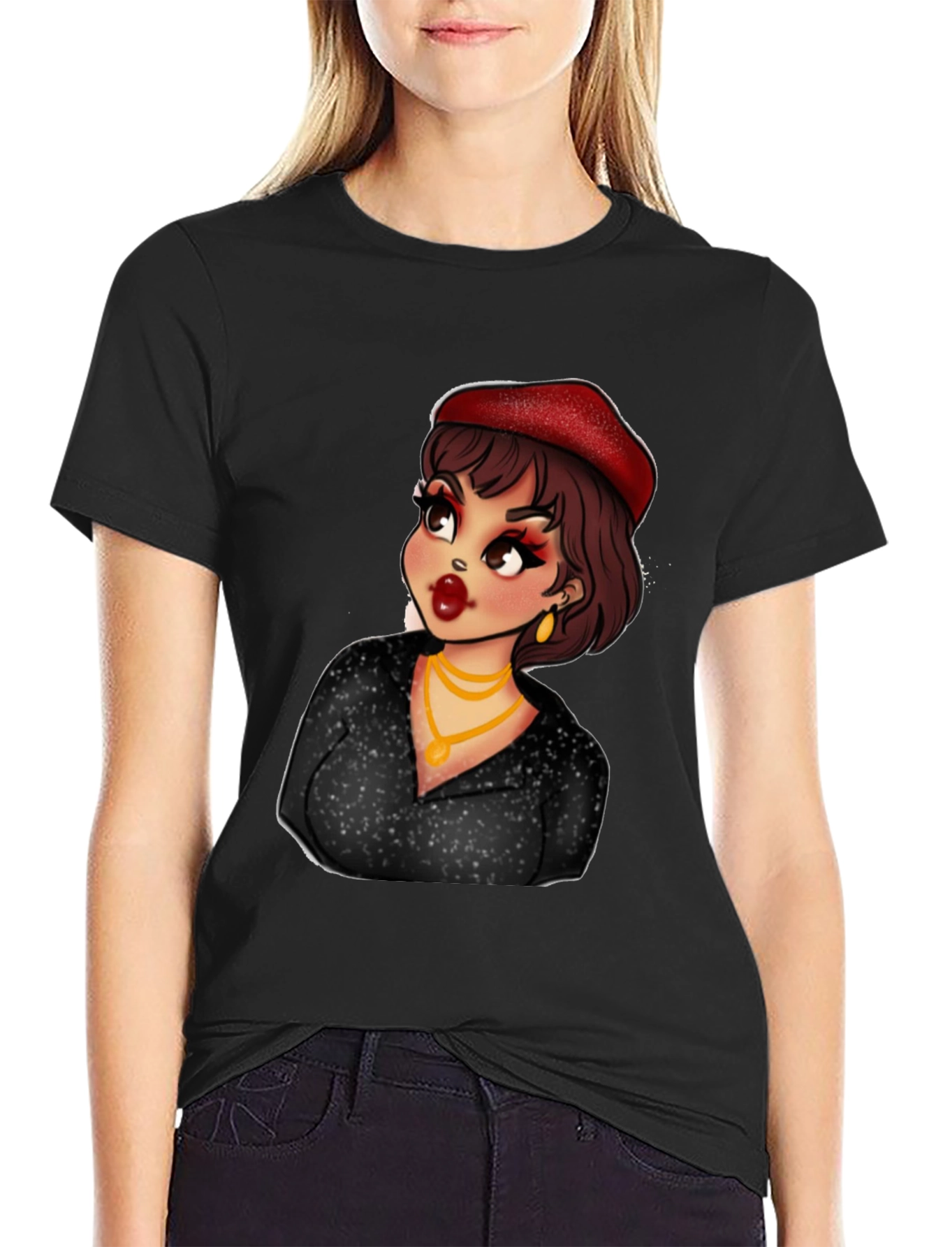 Cartoon Woman Graphic T-Shirt Black