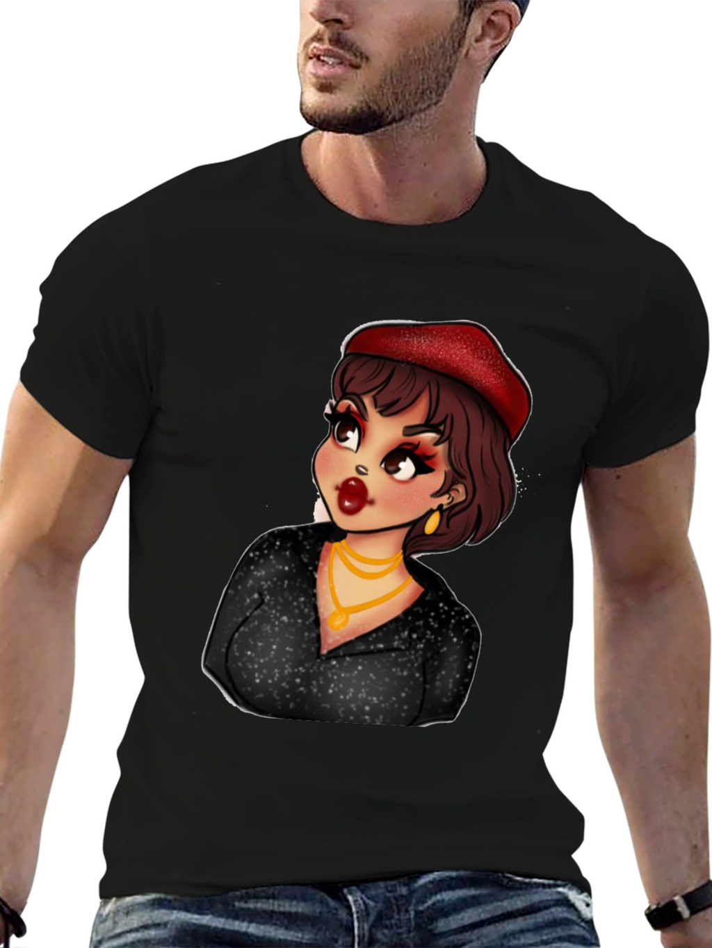 Cartoon Woman Graphic T-Shirt Black