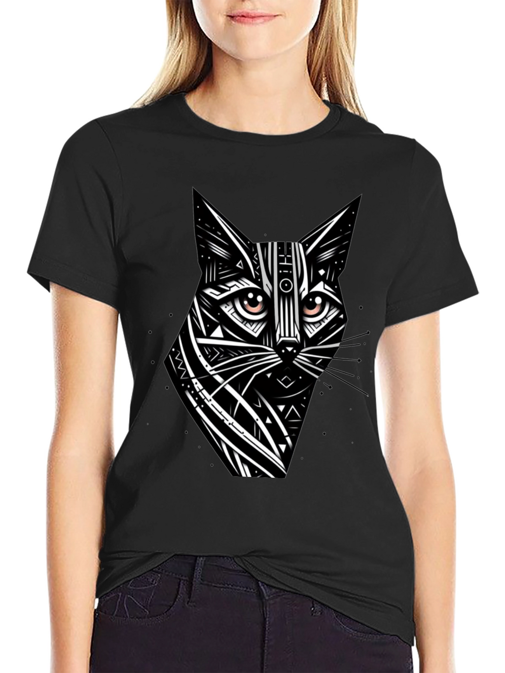 Tribal Cat Graphic Black T-Shirt