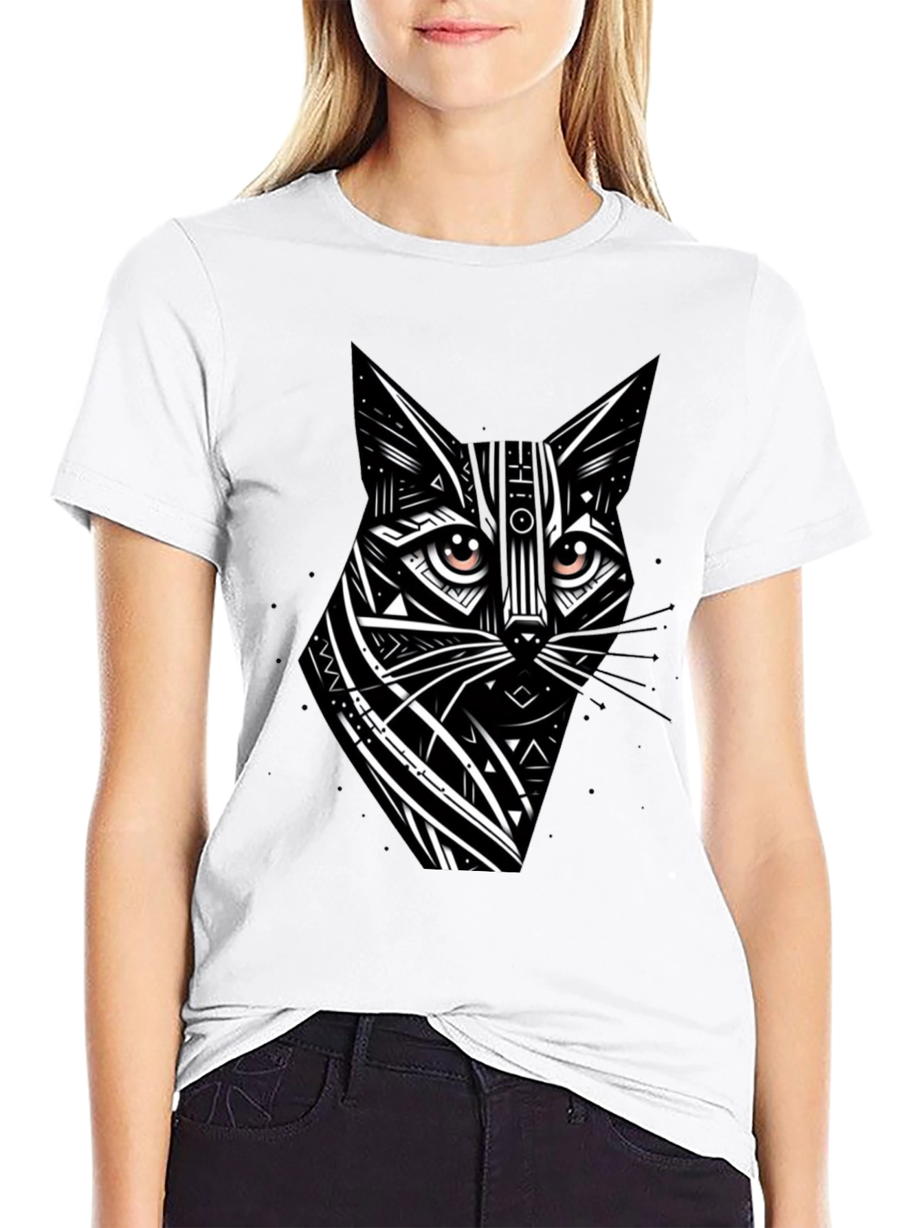 Tribal Cat Graphic Black T-Shirt
