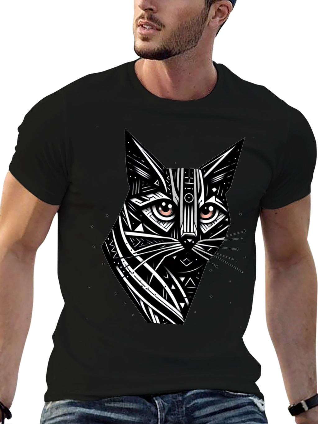 Tribal Cat Graphic Black T-Shirt