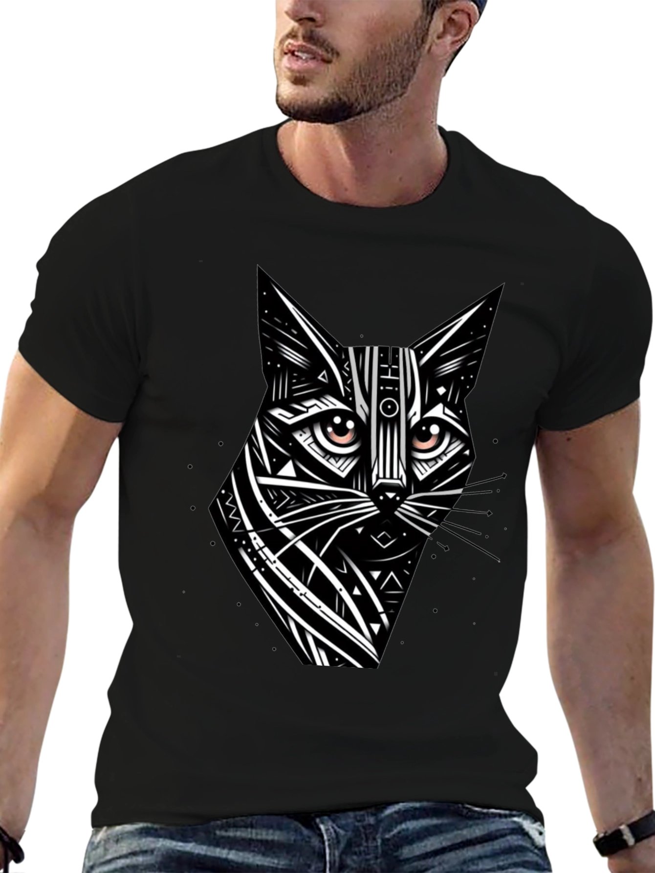Tribal Cat Graphic Black T-Shirt