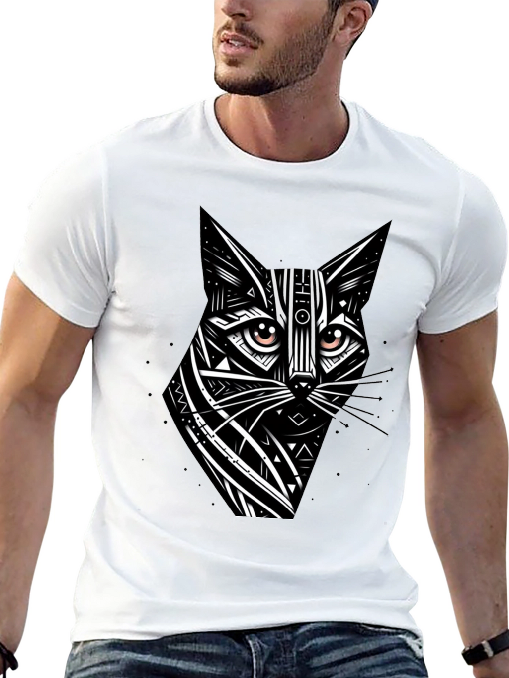 Tribal Cat Graphic Black T-Shirt