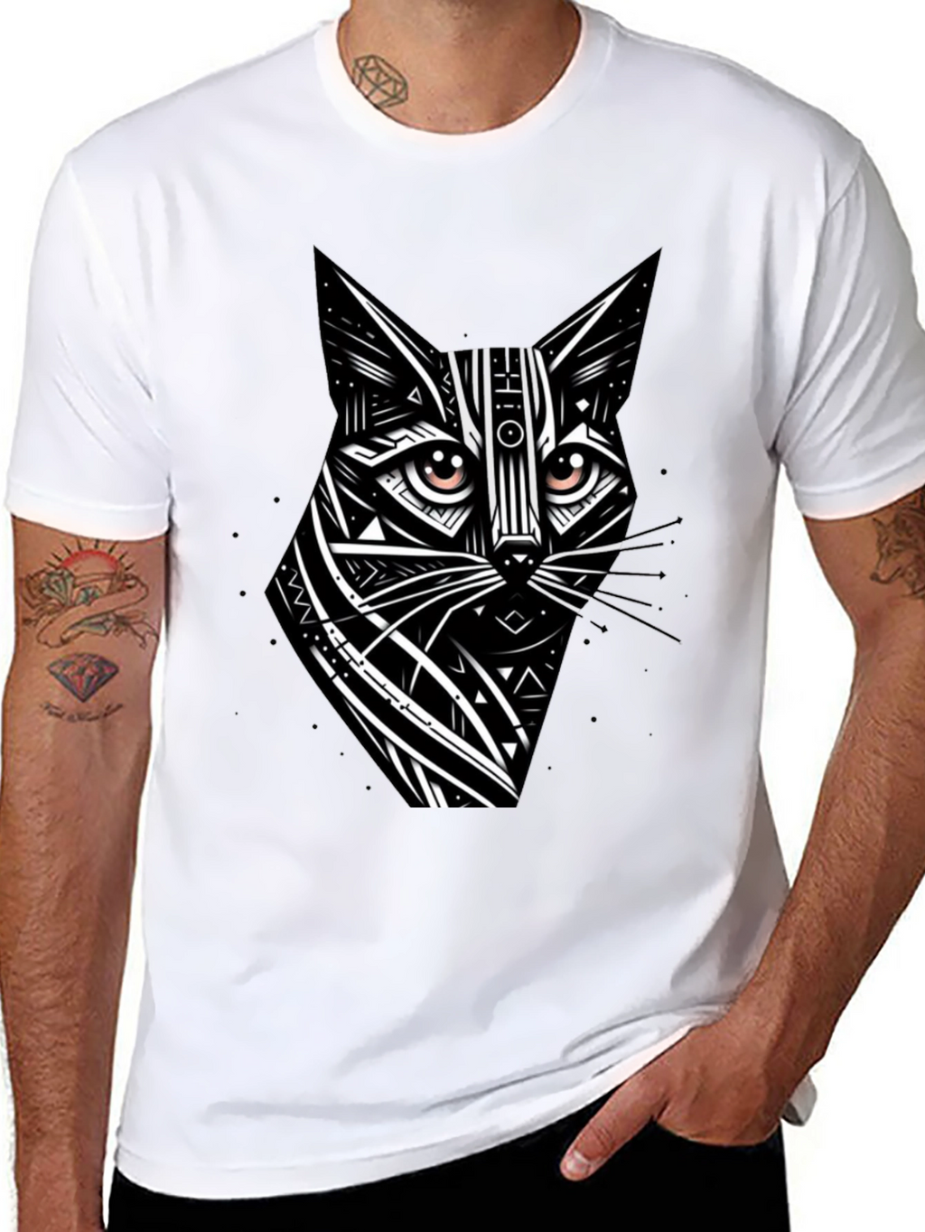Tribal Cat Graphic Black T-Shirt