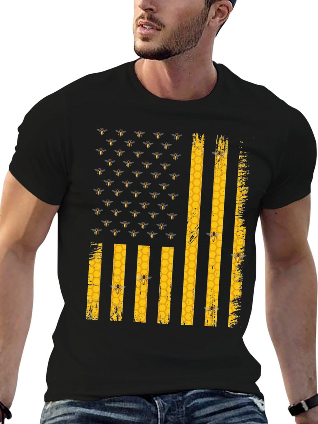 Bee Flag T-Shirt - Honeycomb and Bees Design