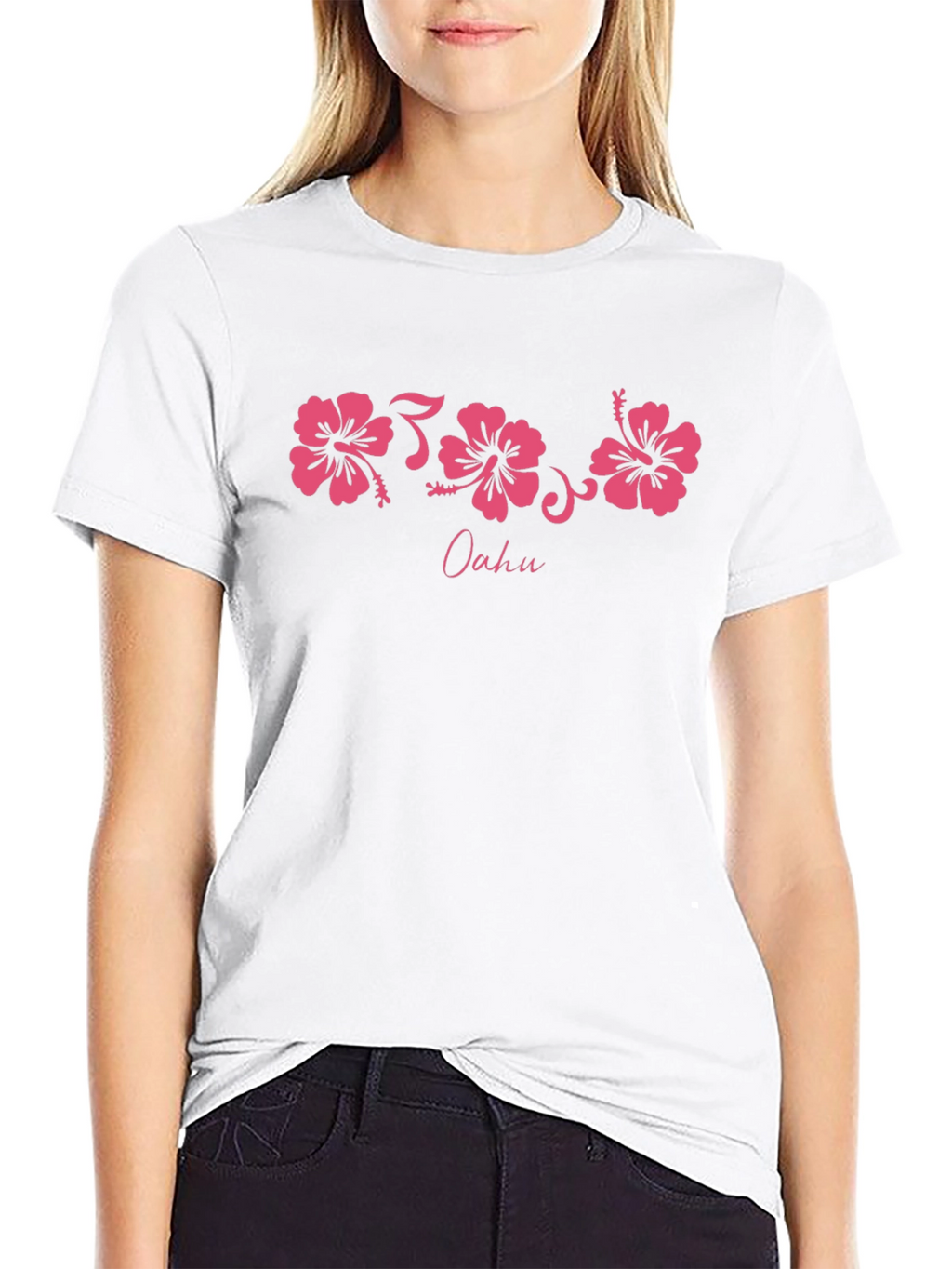 Oahu Pink Hibiscus Flower Graphic Black T-Shirt