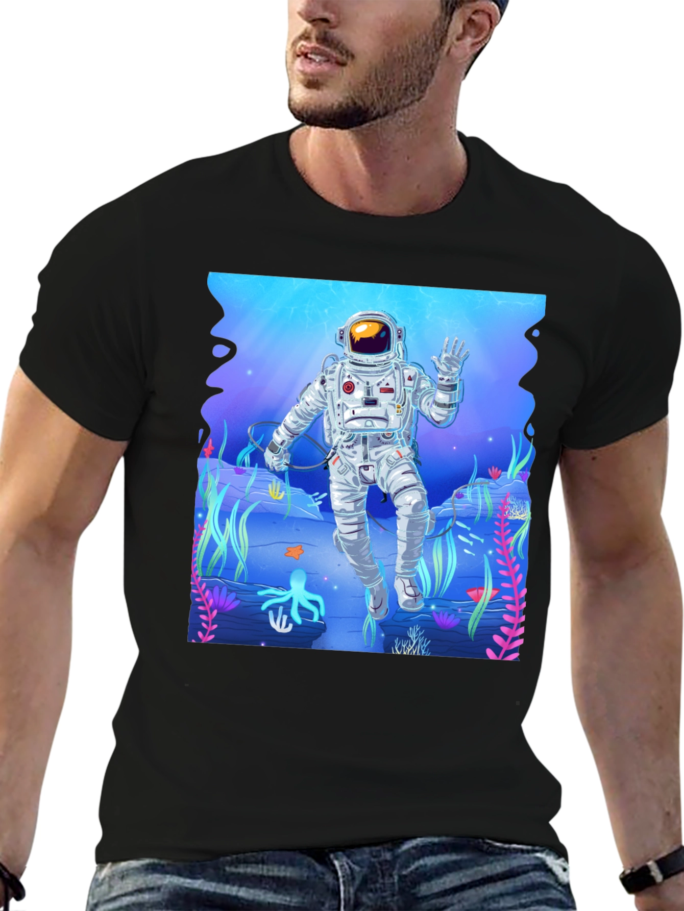 Astronaut Ocean Graphic Tee - Black Casual T-Shirt