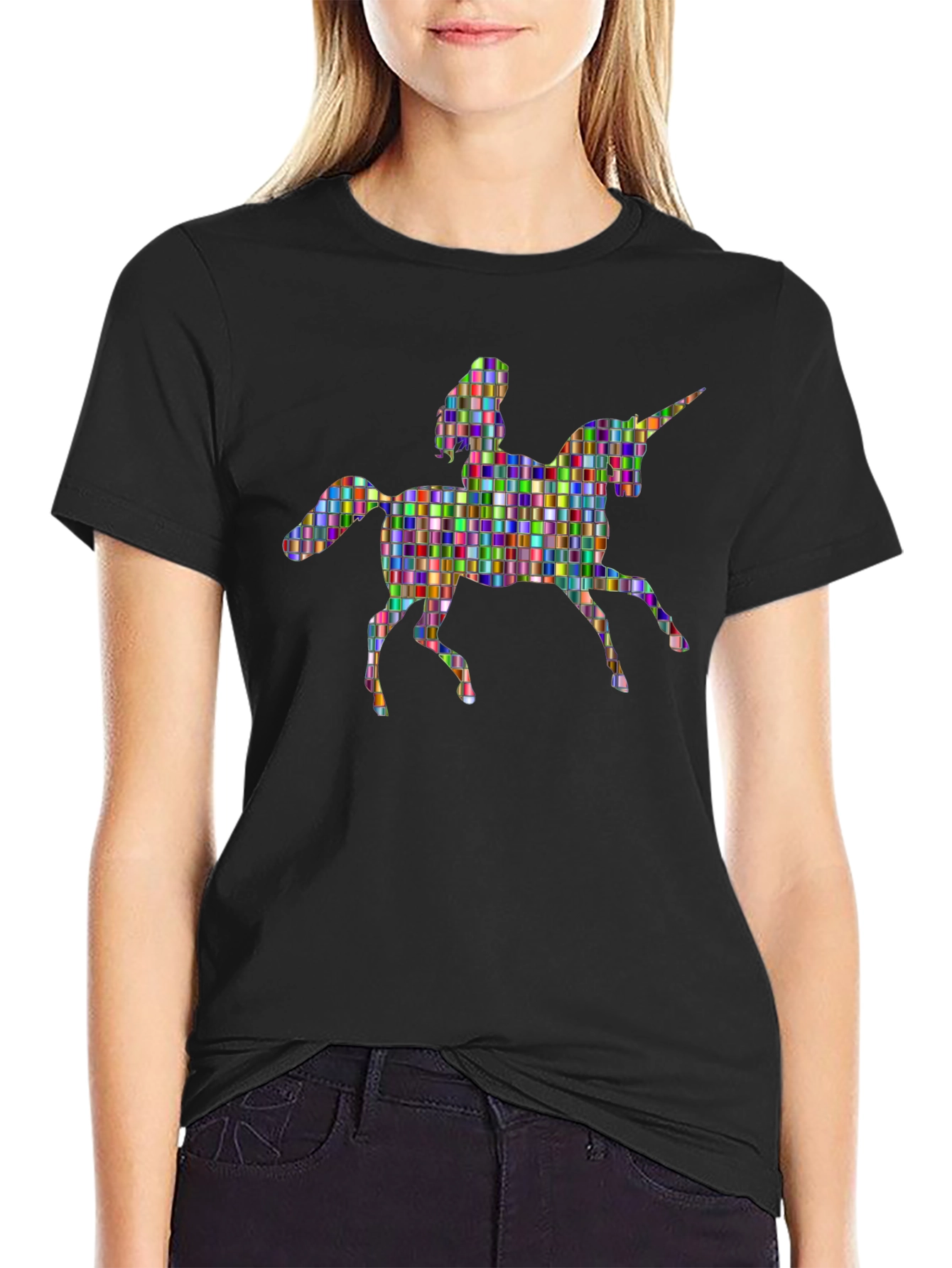 Colorful Mosaic Unicorn Rider Graphic Tee