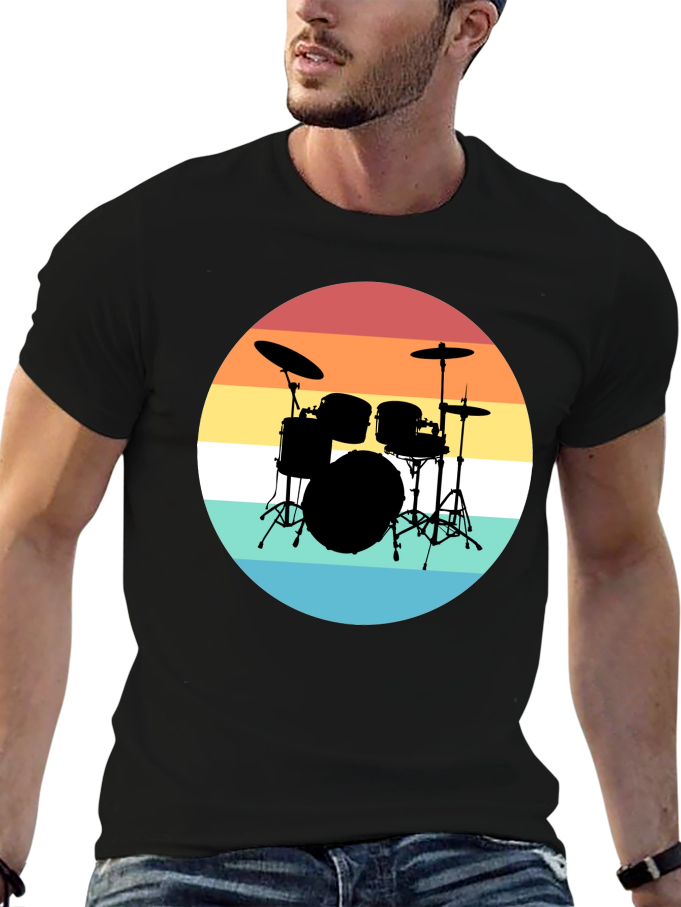 Retro Drum Set Black T-Shirt