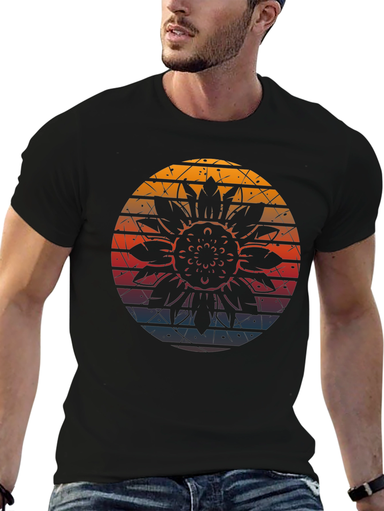 Retro Sunflower Graphic Tee - Black Cotton Blend
