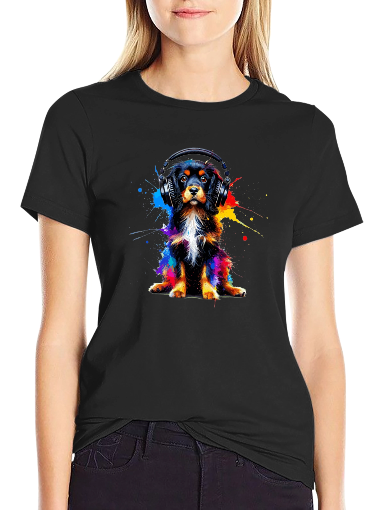 Dog with Headphones T-Shirt - Colorful Puppy Tee