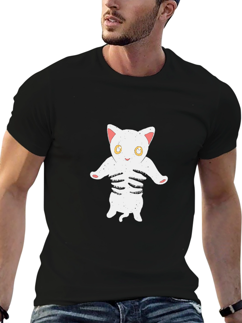 Cat Skeleton Graphic Tee - Black Cotton T-Shirt