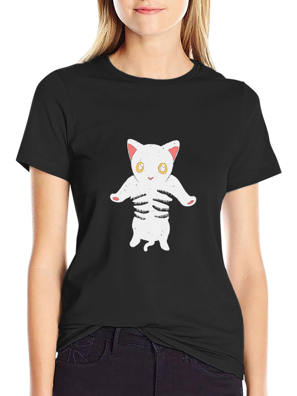 Cat Skeleton Graphic Tee - Black Cotton T-Shirt