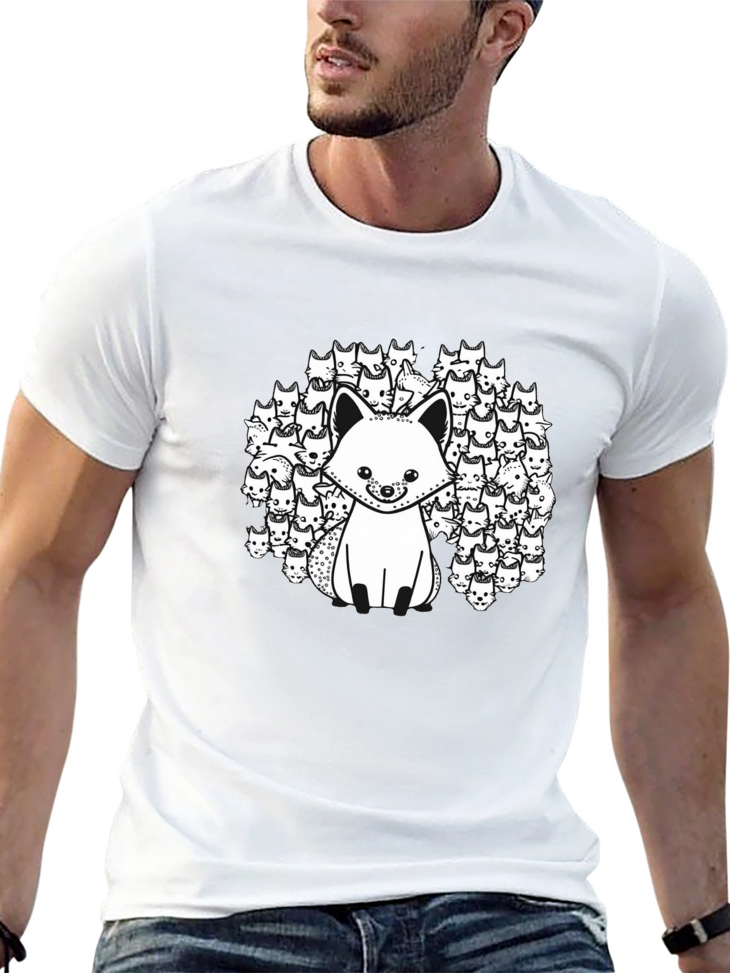 Black T-Shirt with Fox and Fox Face Design