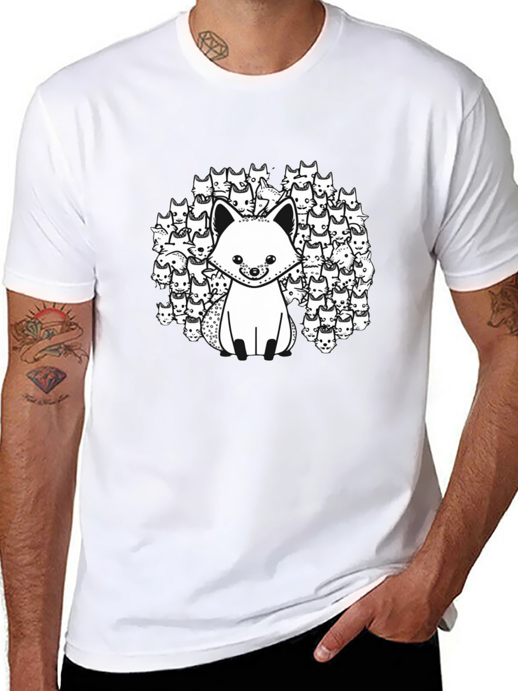 Black T-Shirt with Fox and Fox Face Design