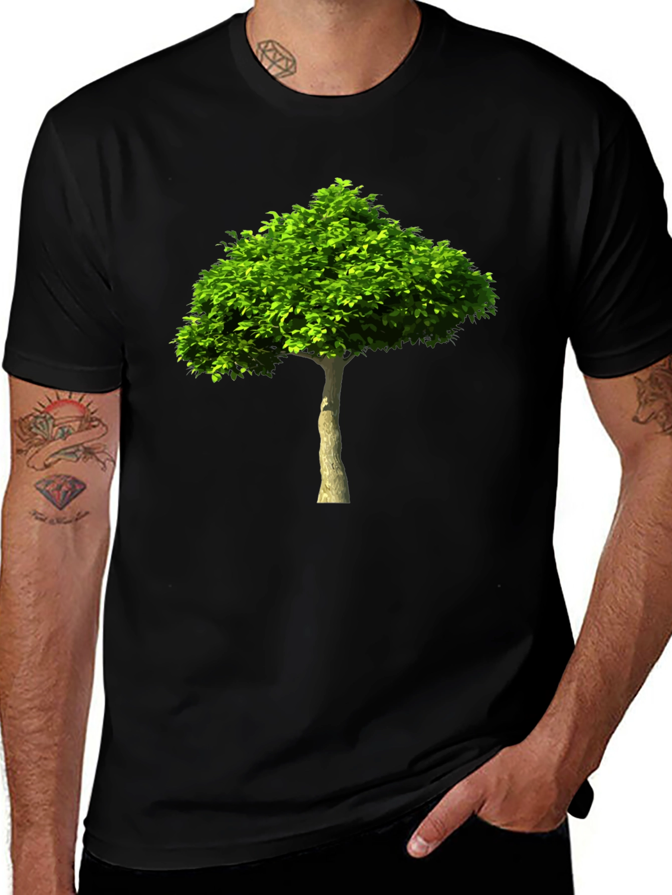Green Tree Graphic Print Black T-Shirt