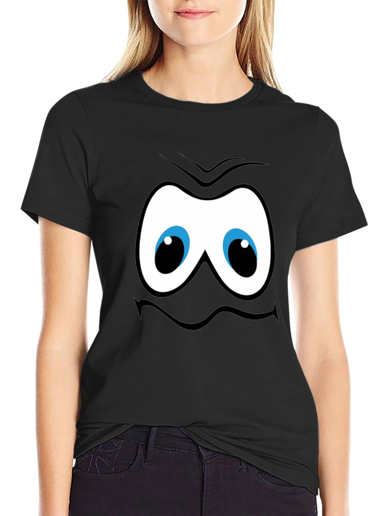 Funny Cartoon Face Graphic Black T-Shirt