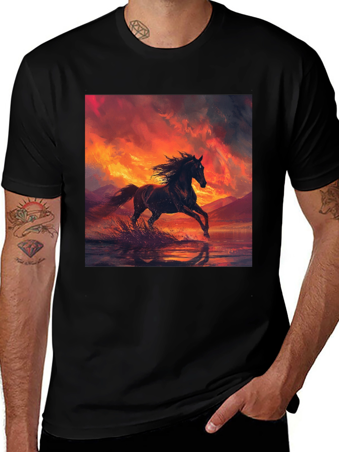 Horse Sunset Black T-Shirt