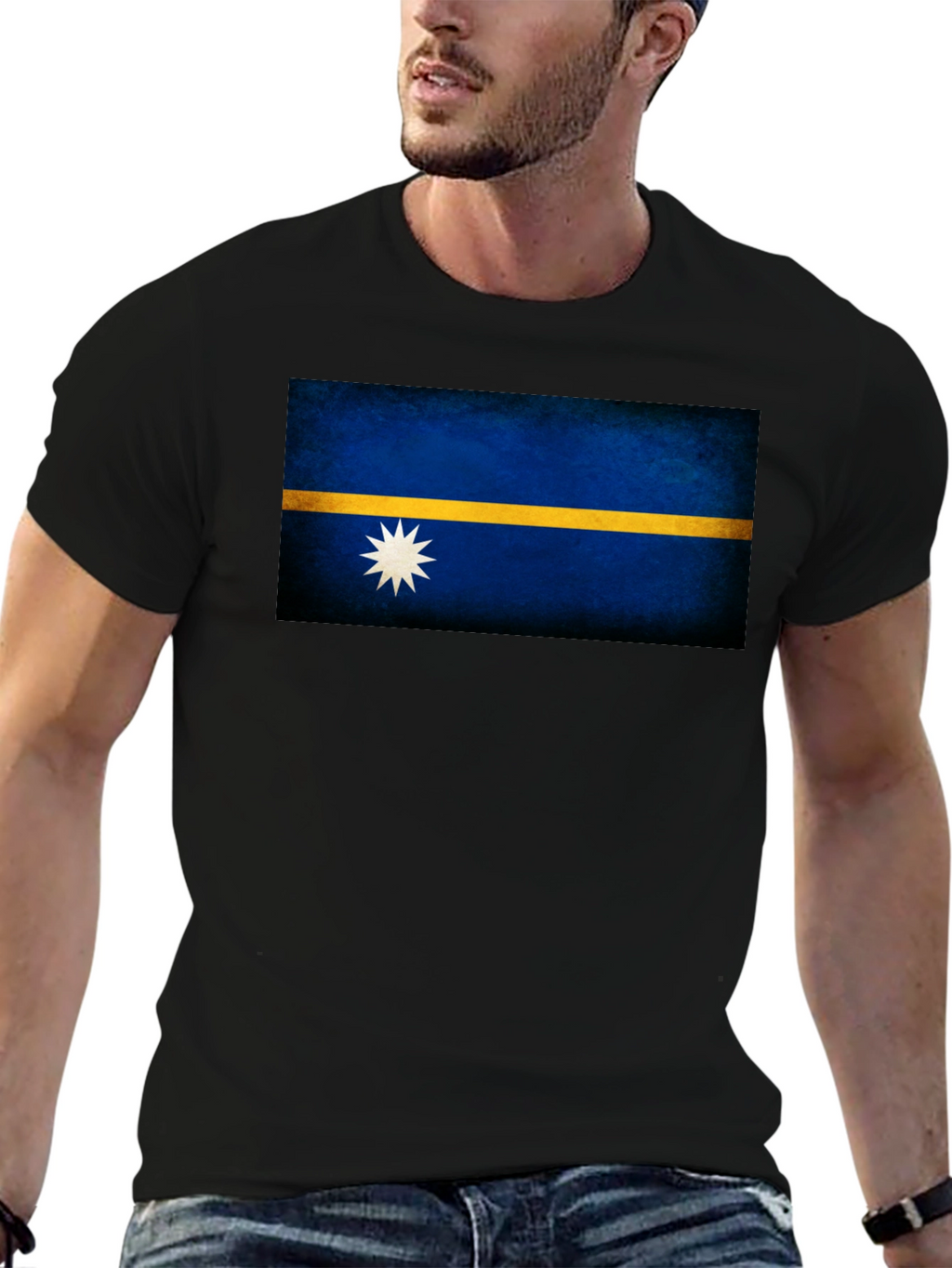 Nauru Flag T-Shirt - Black Crew Neck Tee