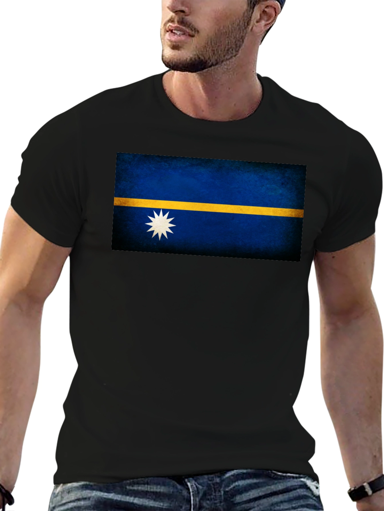 Nauru Flag T-Shirt - Black Crew Neck Tee
