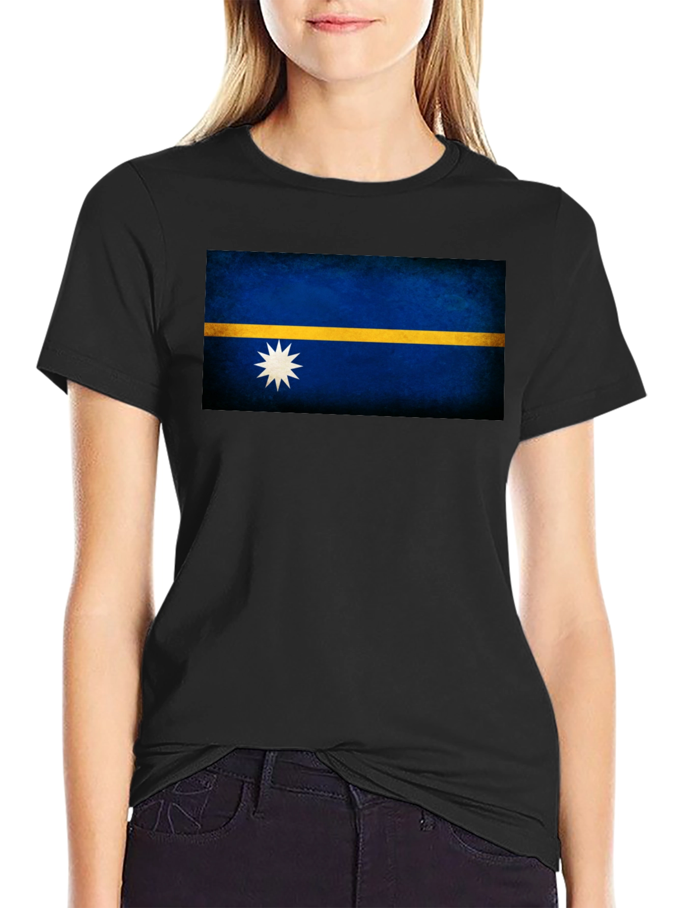 Nauru Flag T-Shirt - Black Crew Neck Tee
