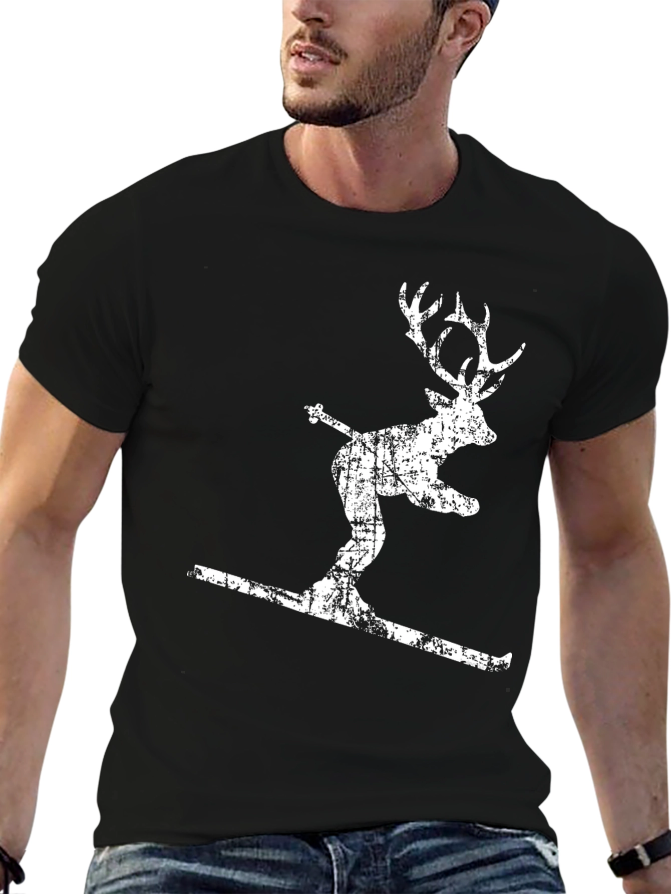 Skiing Deer Graphic T-Shirt - Mens Black Tee