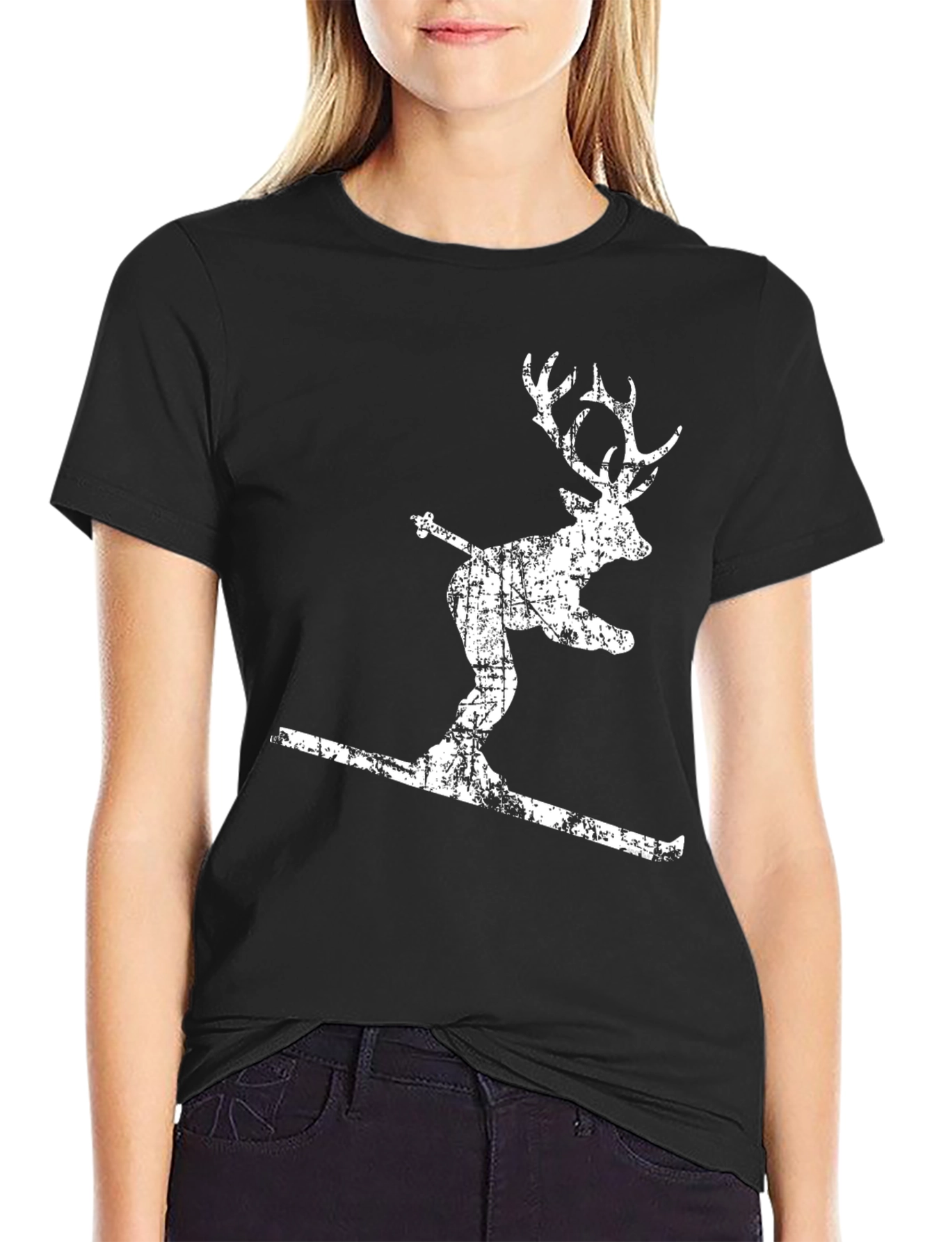 Skiing Deer Graphic T-Shirt - Mens Black Tee