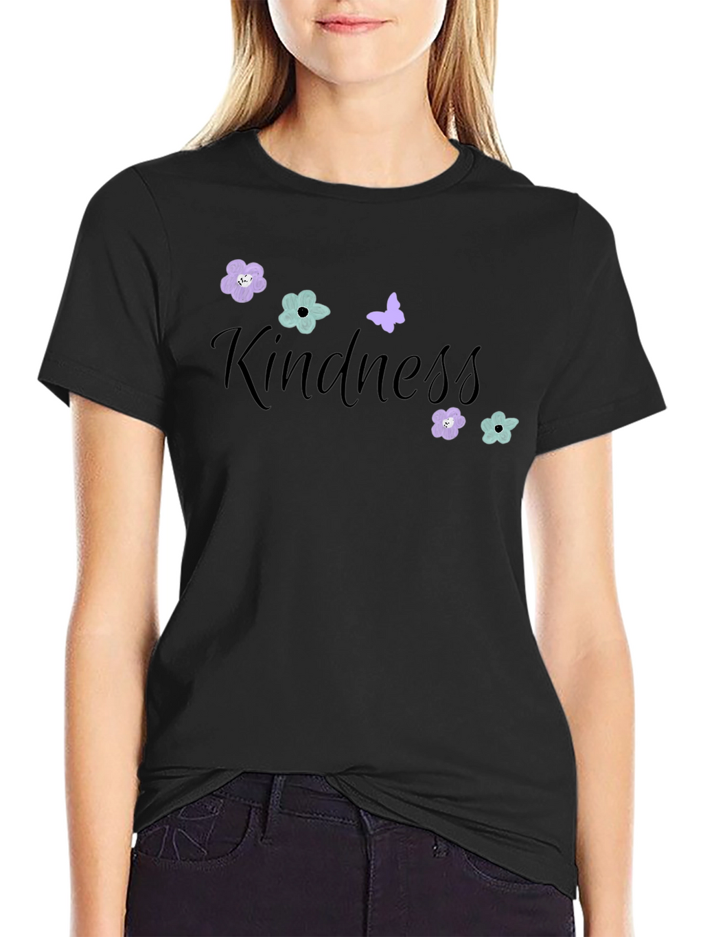 Kindness Flower & Butterfly Black T-Shirt