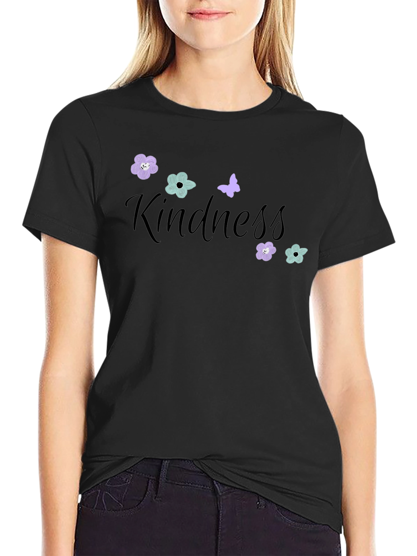 Kindness Flower & Butterfly Black T-Shirt