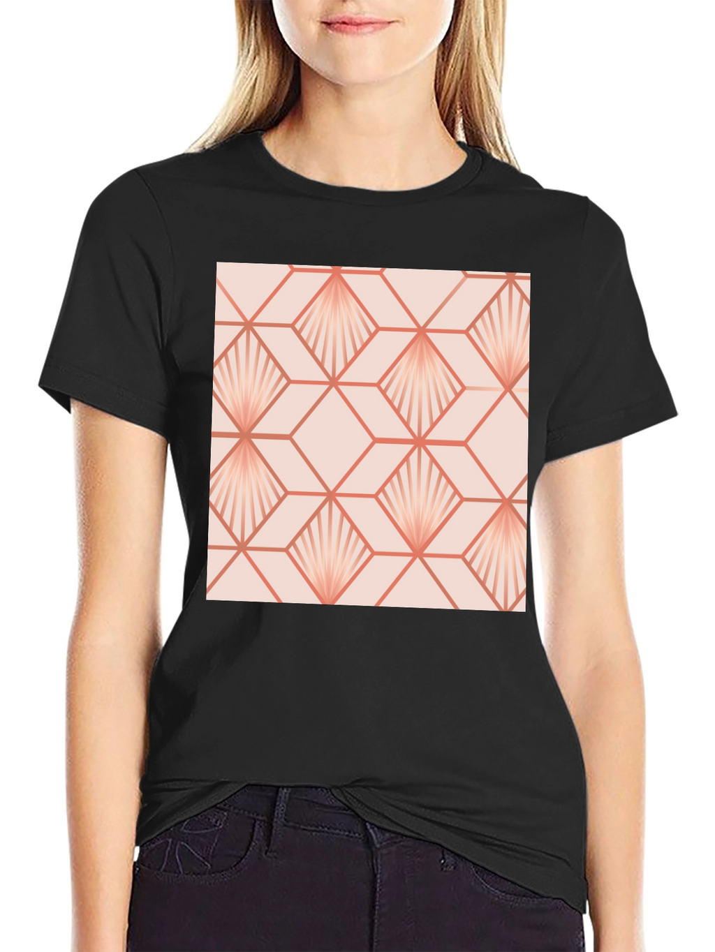 Geometric Fan Pattern Black T-Shirt