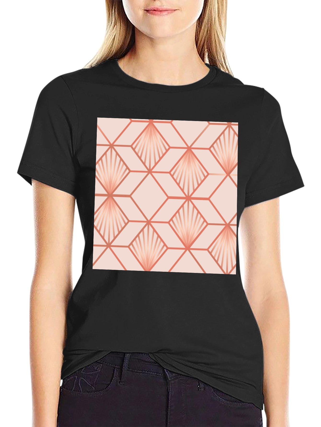 Geometric Fan Pattern Black T-Shirt