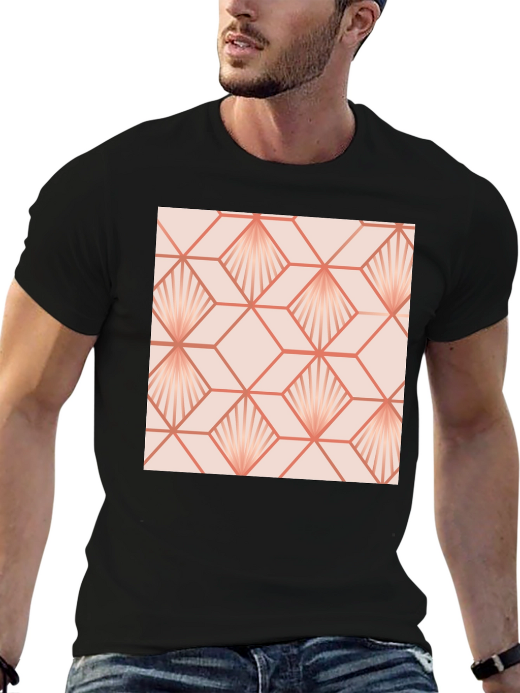 Geometric Fan Pattern Black T-Shirt