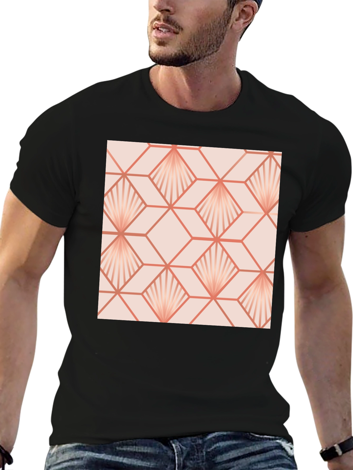 Geometric Fan Pattern Black T-Shirt