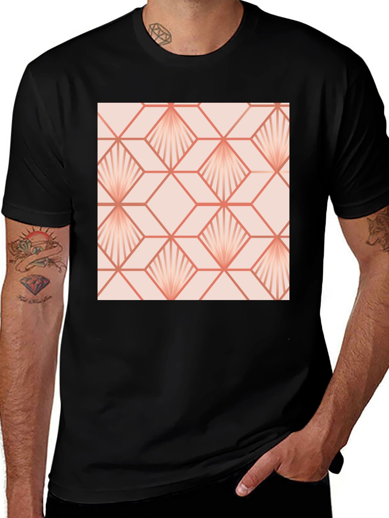 Geometric Fan Pattern Black T-Shirt