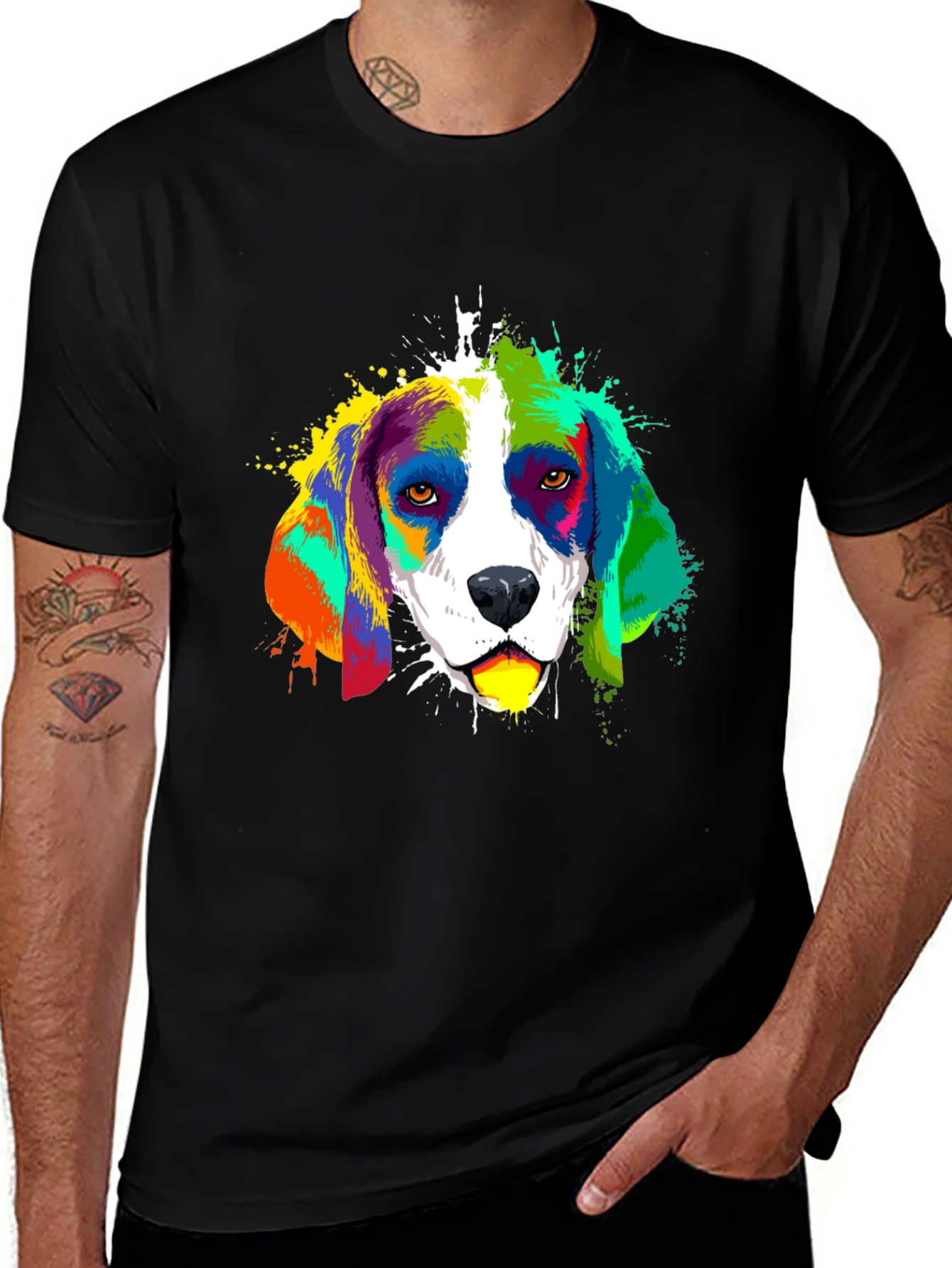 Colorful Beagle Dog Graphic Black T-Shirt