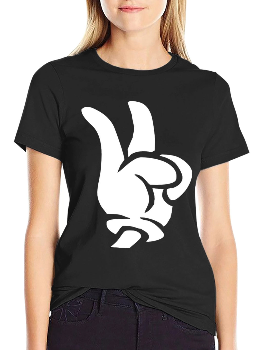 Cool Cartoon Glove Peace Sign Black T-Shirt