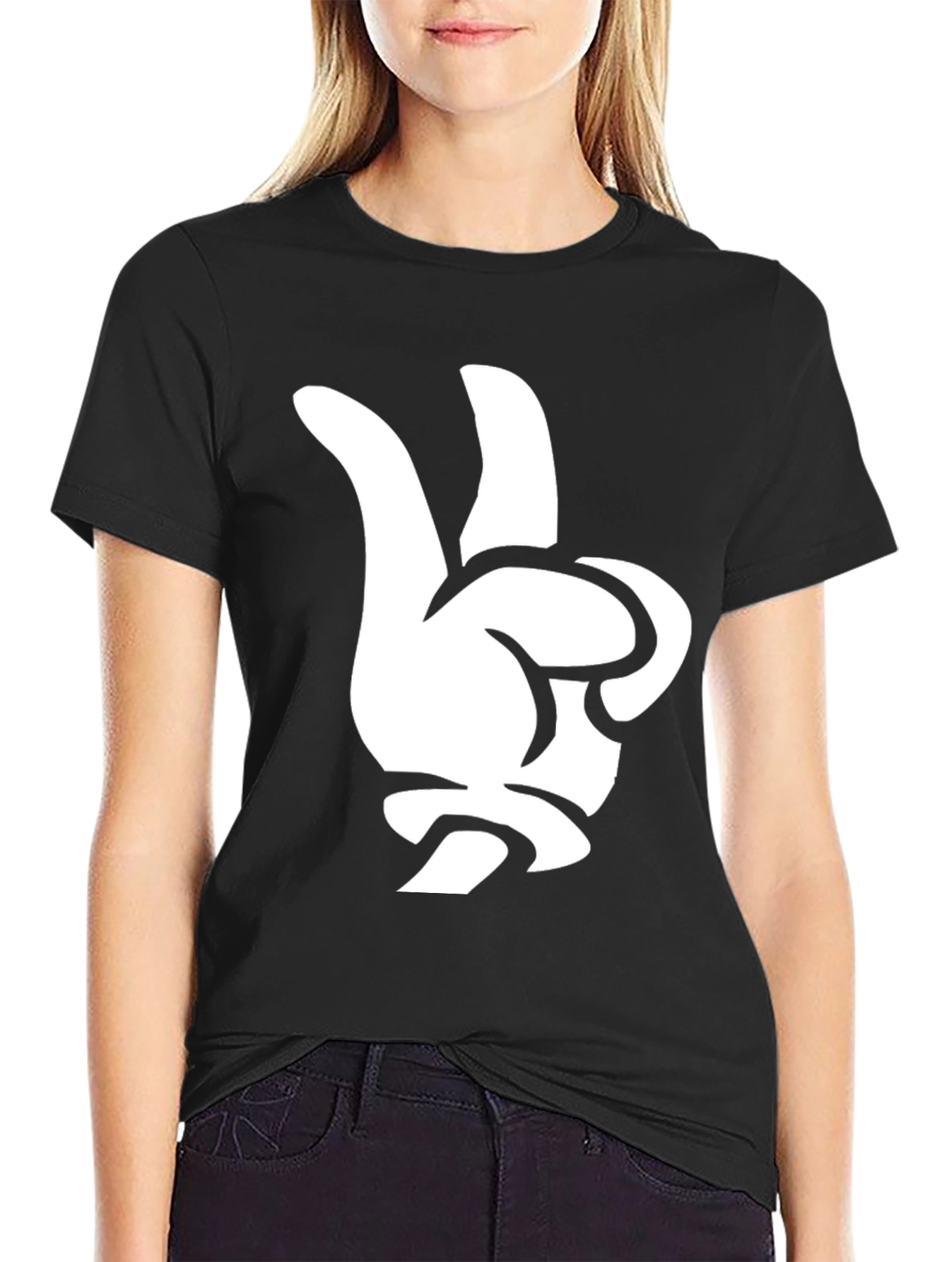 Cool Cartoon Glove Peace Sign Black T-Shirt
