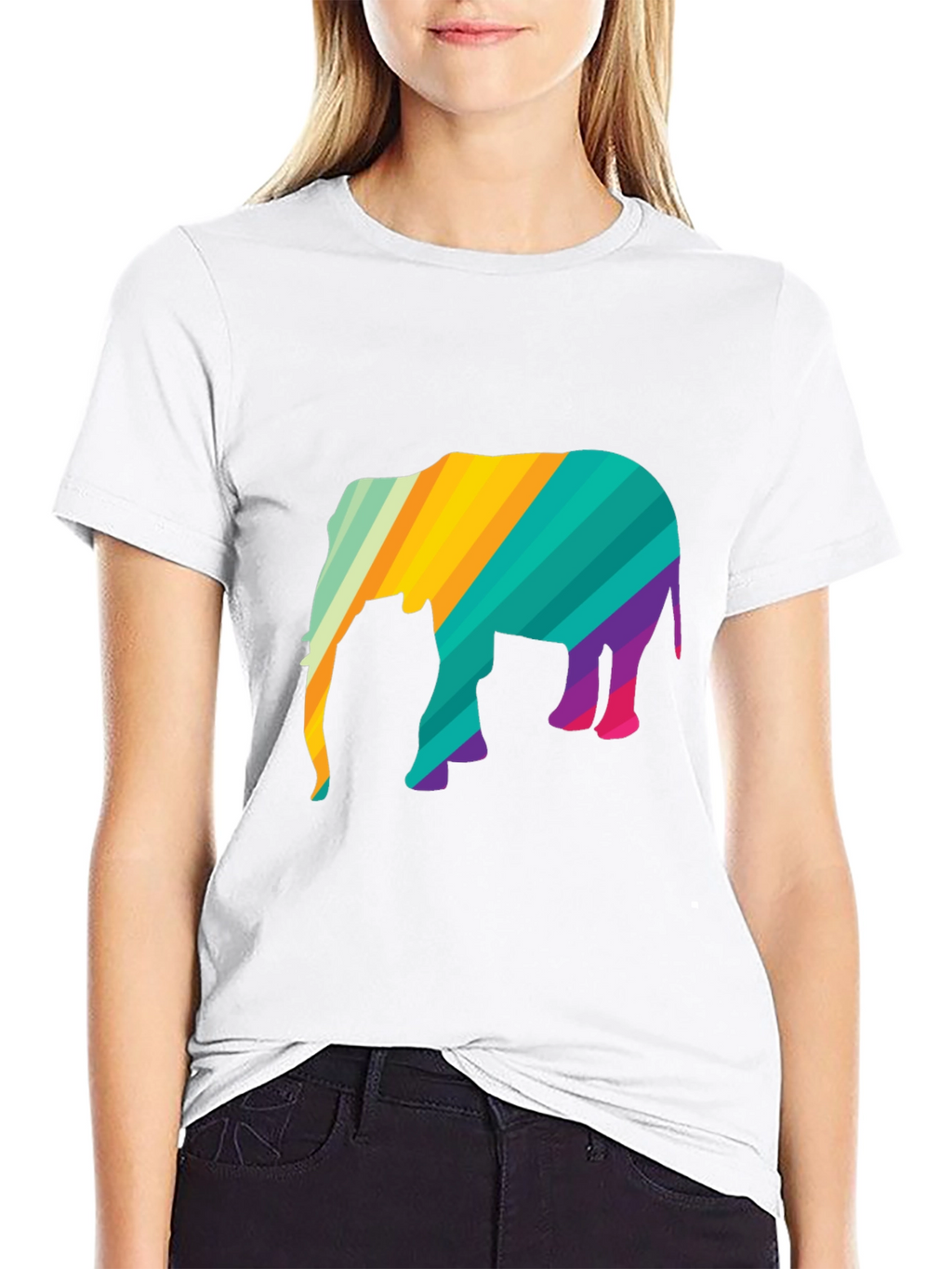 Vibrant Striped Elephant Graphic Black T-Shirt