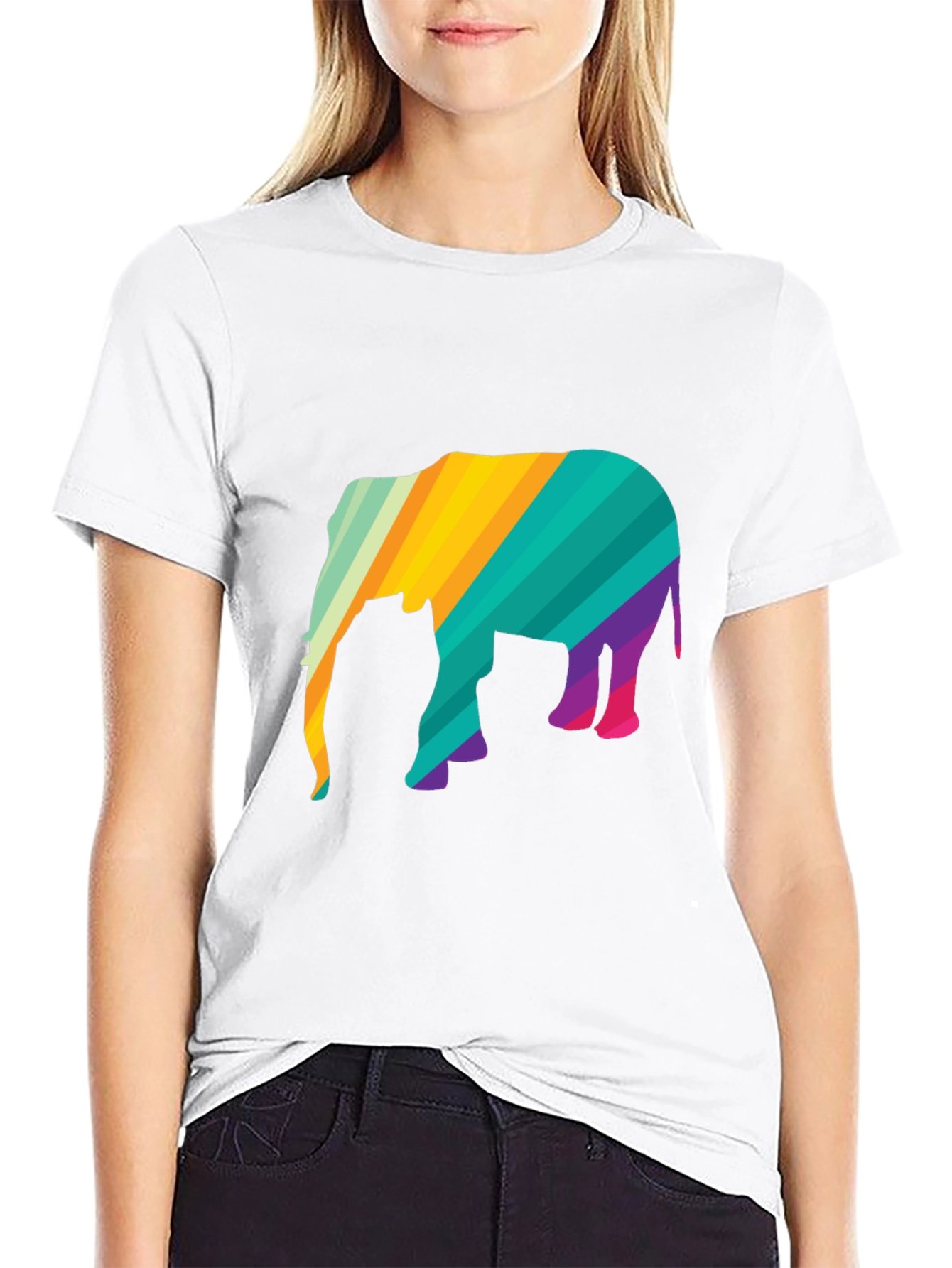 Vibrant Striped Elephant Graphic Black T-Shirt
