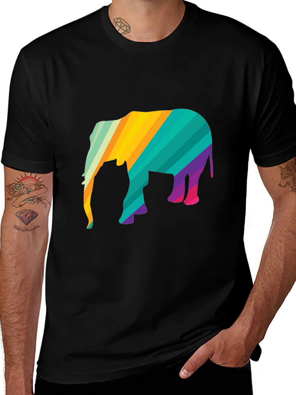 Vibrant Striped Elephant Graphic Black T-Shirt