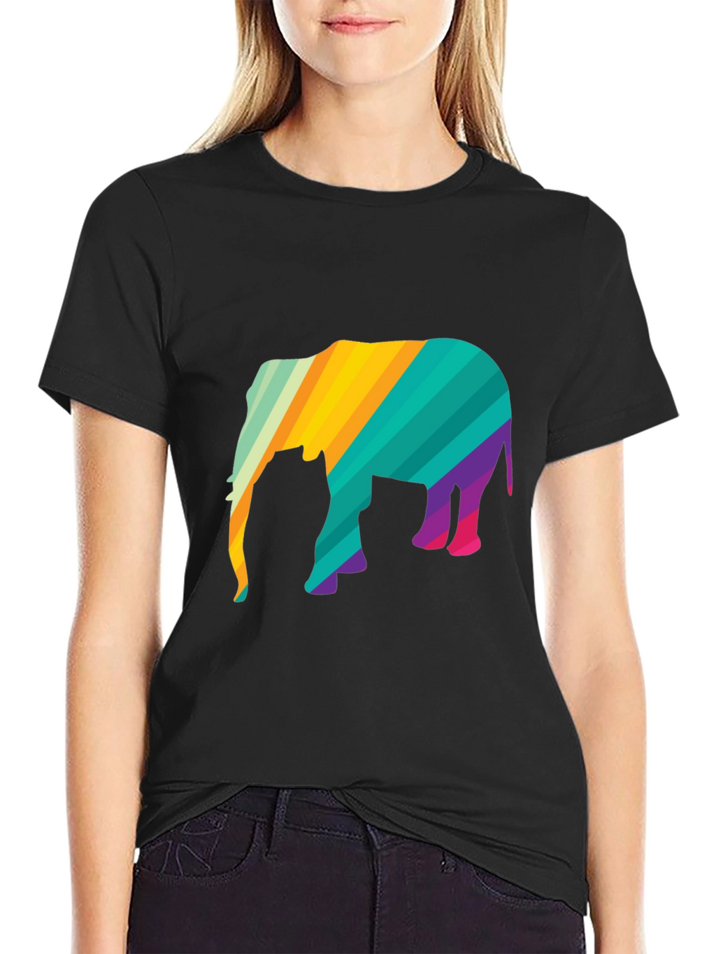 Vibrant Striped Elephant Graphic Black T-Shirt