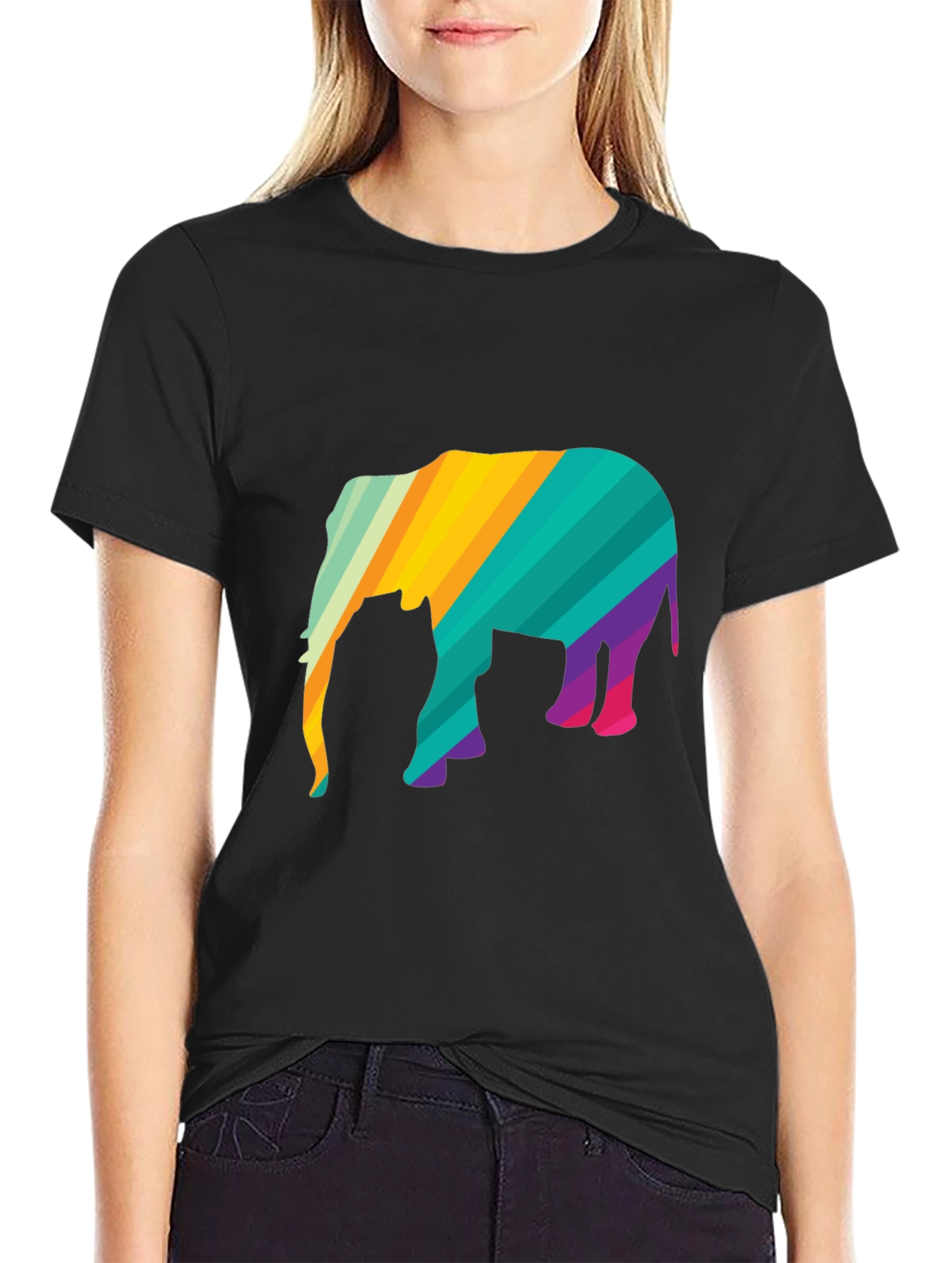 Vibrant Striped Elephant Graphic Black T-Shirt