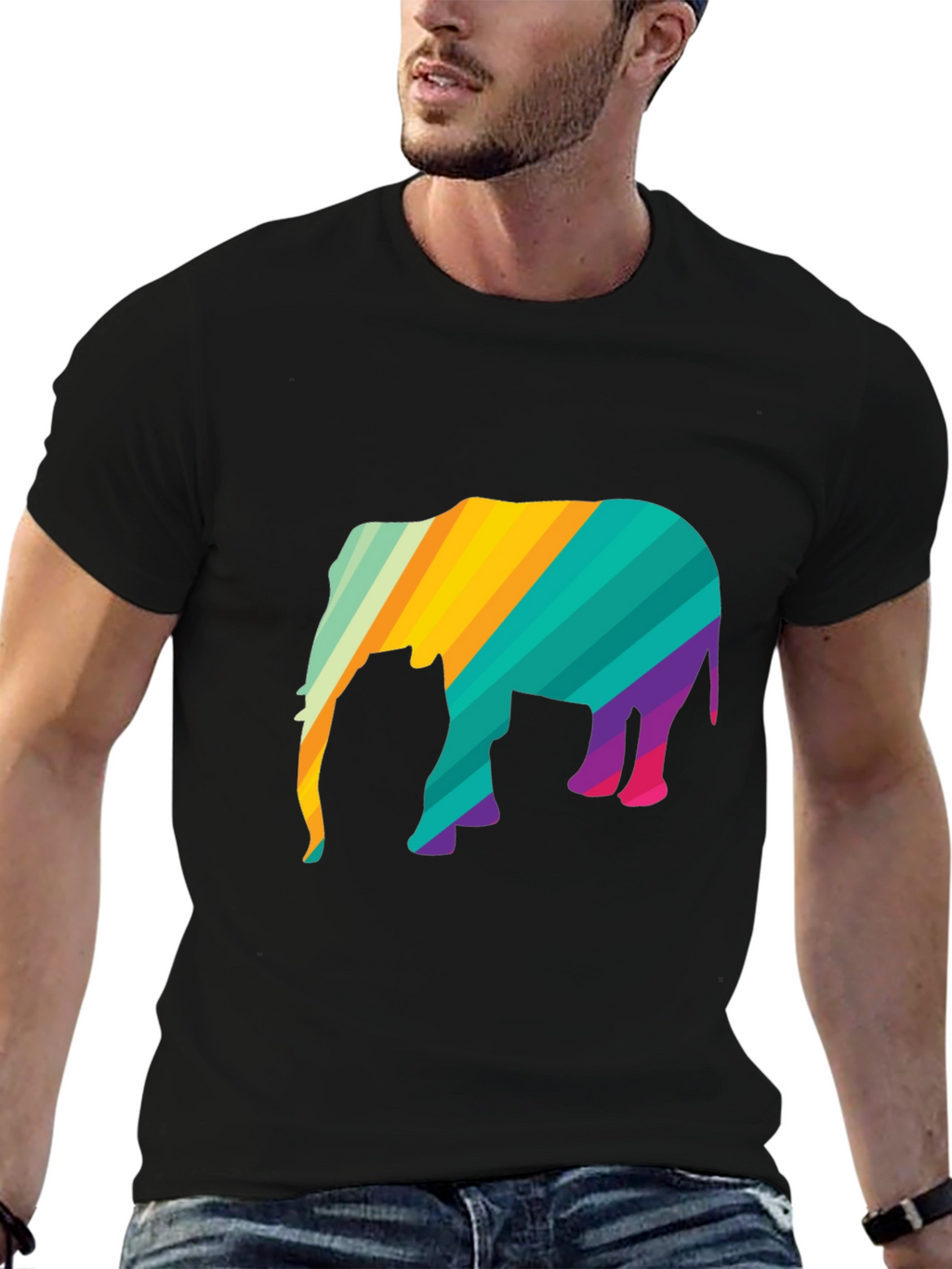 Vibrant Striped Elephant Graphic Black T-Shirt