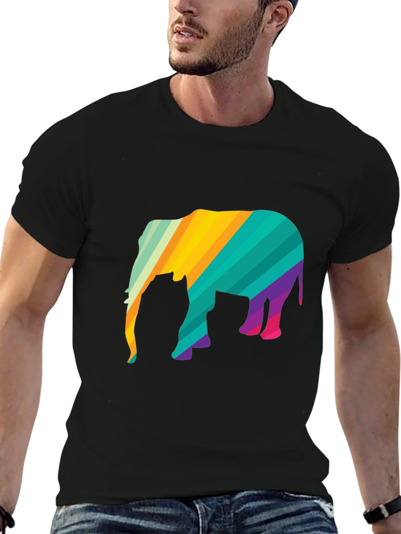 Vibrant Striped Elephant Graphic Black T-Shirt