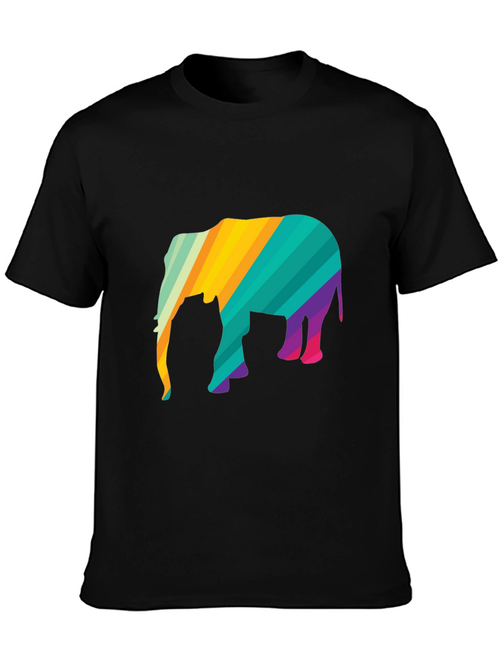 Vibrant Striped Elephant Graphic Black T-Shirt