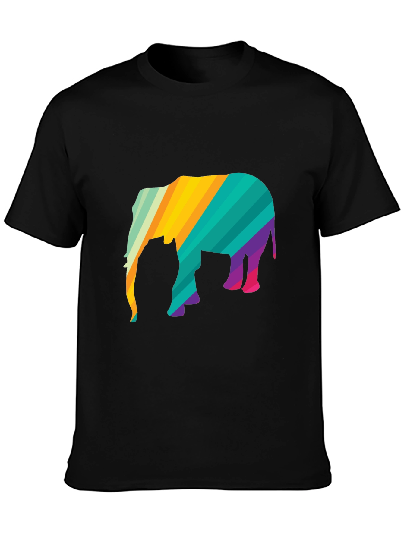 Vibrant Striped Elephant Graphic Black T-Shirt