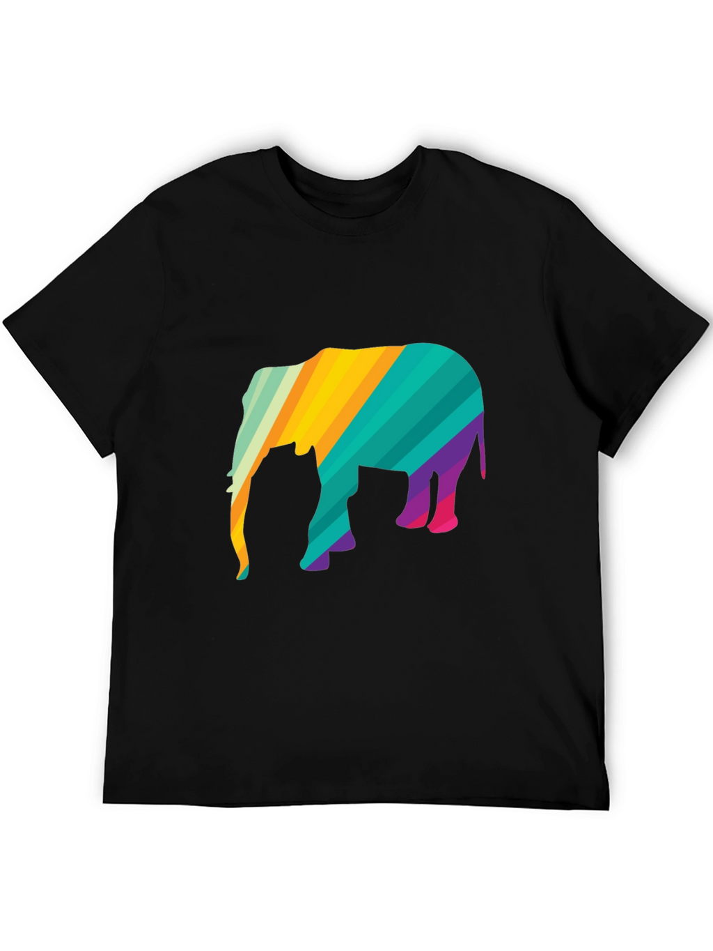 Vibrant Striped Elephant Graphic Black T-Shirt
